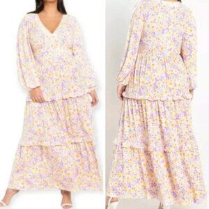Eloquii Pastel Floral Print Tiered Long Sleeve Plus Maxi Dress NWT